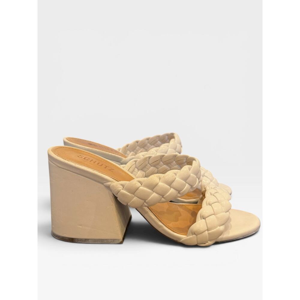 SCHUTZ Elida Braided Leather Block Heel Slide Sandal White 8 GUC - Picture 3 of 8